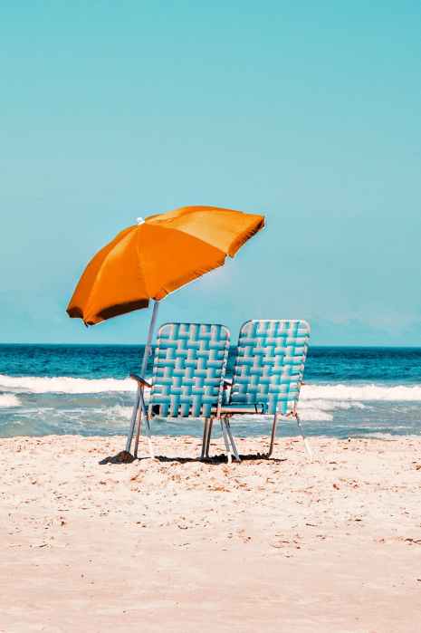 Umbrella and beach chairs