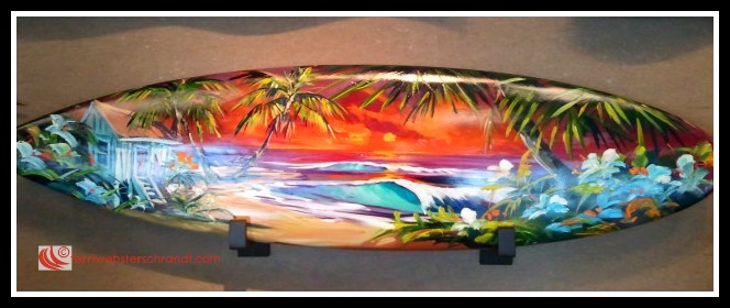 Ornate Surfboard on display at Lake Tahoe art gallery