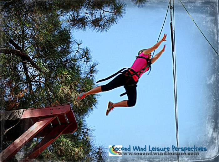 Student takes the "leap of faith" 40 feet in the air at the Peak Adventures Challenge Ropes Course in Sacramento.