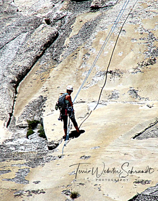 Lines of granite and rope for climber