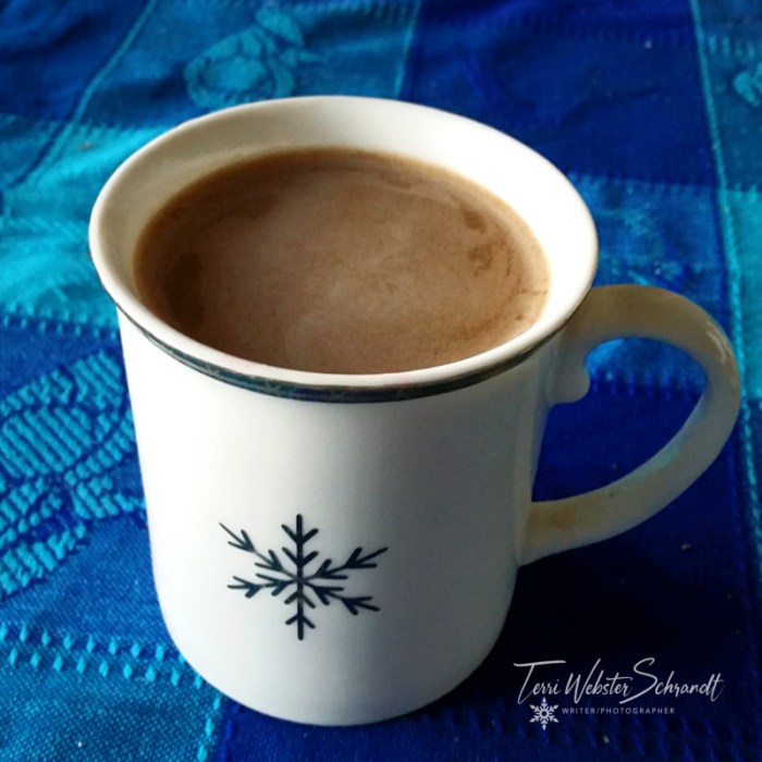 winter white mug on cobalt cloth