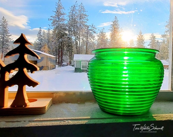 Green vase in transom window