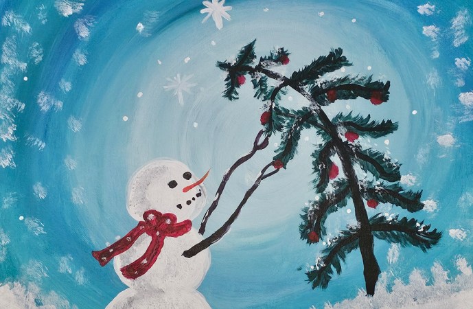 painting of snowman decorating a tree