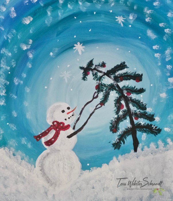 painting of snowman decorating a tree