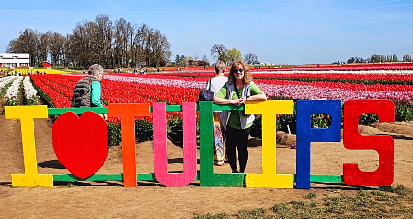 People around I love tulips sign