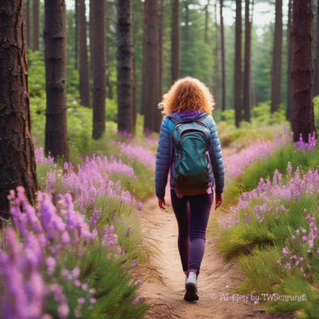 Woman walking among lupine