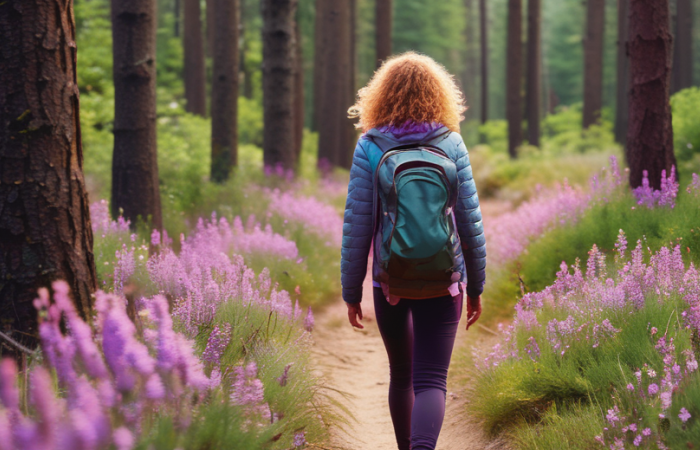 Woman walking among lupine