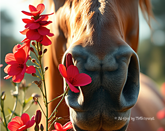 horse nose and red flowers