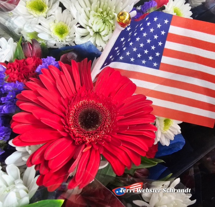 red white blue floral display