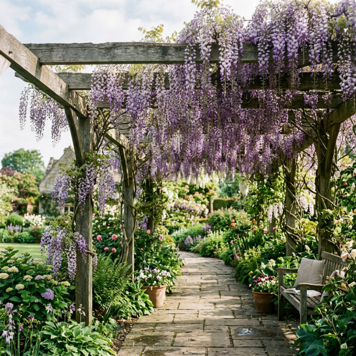 Stone pathway under wooden pergola draped with purple wisteria flowers, surrounded by lush garden plants and flowers